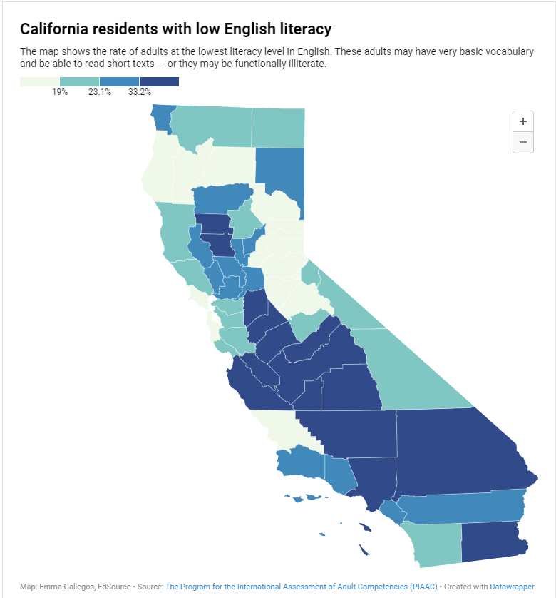 US Map showing California ranking lowest in adult literacy